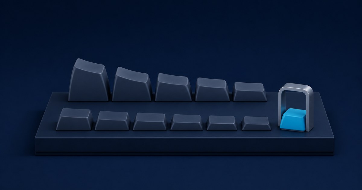 Two rows of blank navy keycaps, the back row stepping down from tall to short, sit on a dark base while a blue keycap rests inside a silver height gauge.