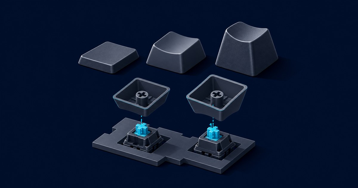 Three dark keycaps in low, medium and tall profiles hover over two flipped caps with cross stem sockets above blue-stem switches on a plate.