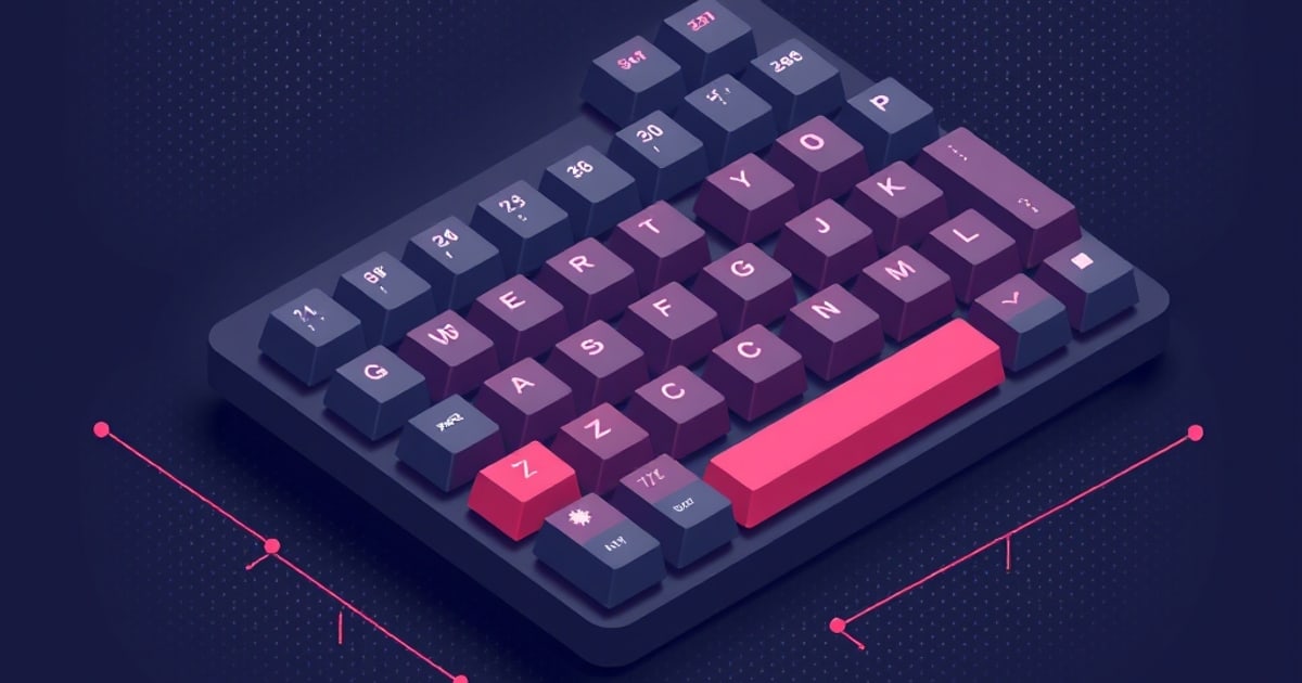 Isometric dark-blue mechanical keyboard with pink accent keys, keycaps viewed at an angle to compare row profiles and heights.