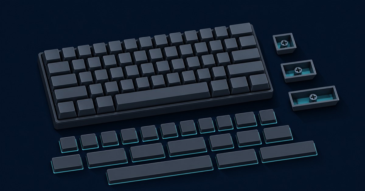 Compact dark mechanical keyboard with blank keycaps beside loose bottom-row caps of varying widths and three flipped caps showing cross stems.