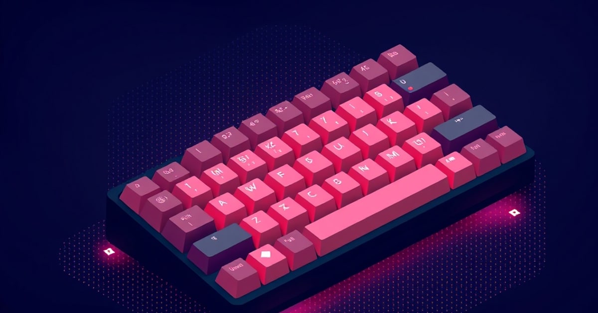 Isometric mechanical keyboard with glowing pink and magenta keycaps on a dark background.
