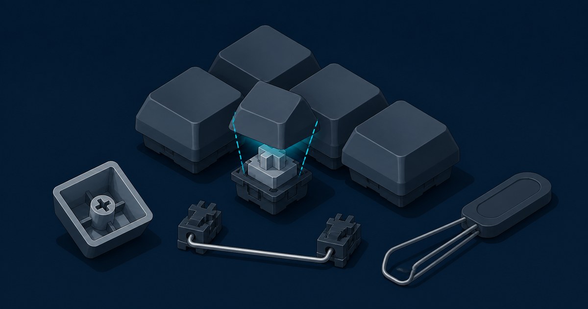 Isometric render of blank dark keycaps, one lifted off a glowing switch stem, beside an upturned keycap, a wire stabilizer and a keycap puller.